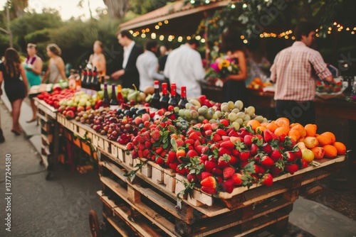 A vibrant outdoor market scene featuring a colorful display of fresh fruits and bottles of wine, with people socializing in the background.