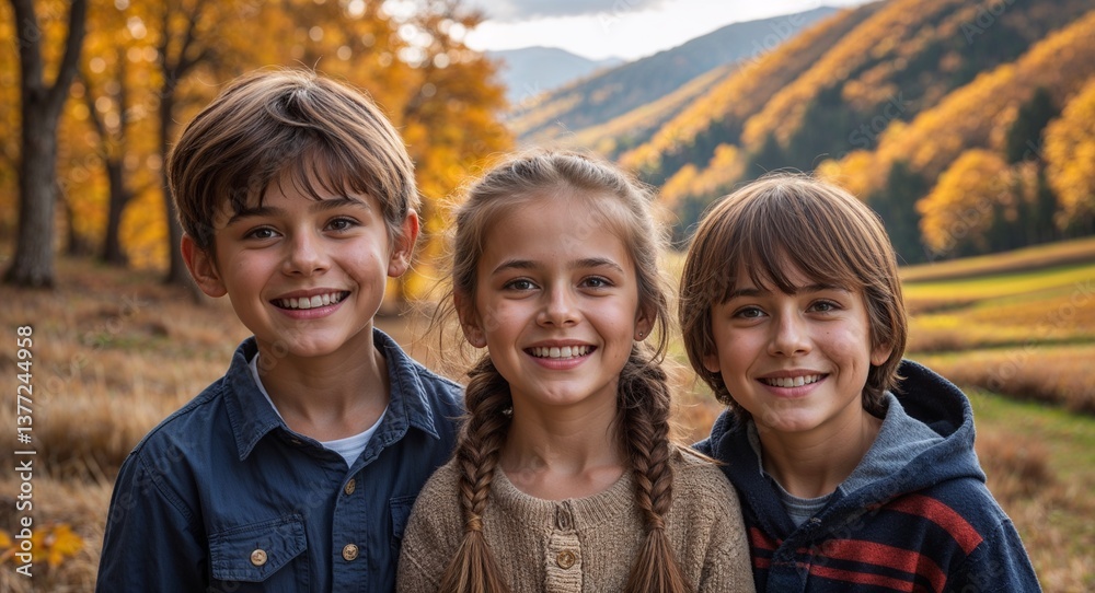 Fototapeta premium Happy young kids in scenic valley with golden autumn trees background portrait photo 