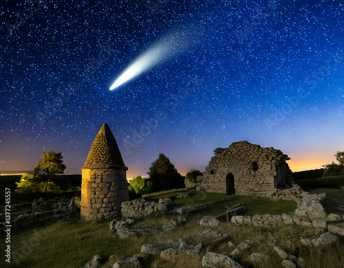 Neo wise comet passing ancient ruins, historical astronomy photo