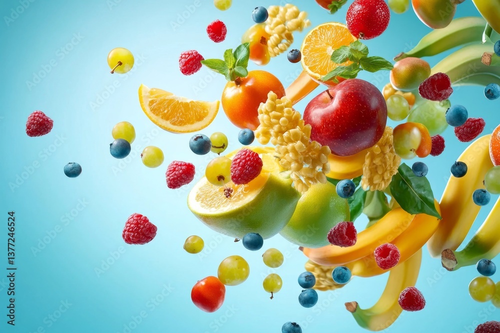 Assorted Summer Fruits and Vegetables Displayed on a Colorful Backdrop