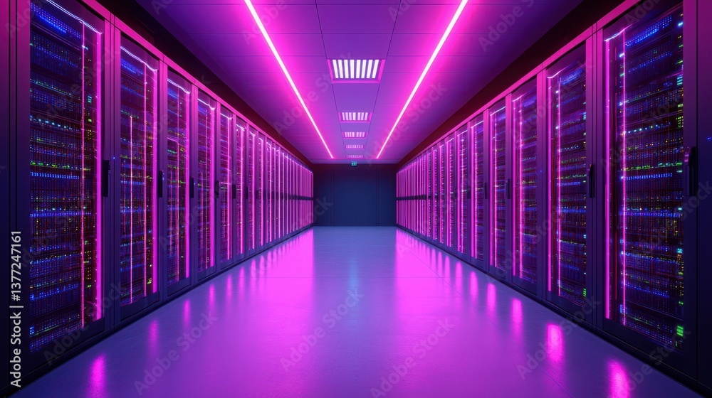 Fototapeta premium Futuristic Data Center with Neon Lights and Server Racks in a High-Tech Environment