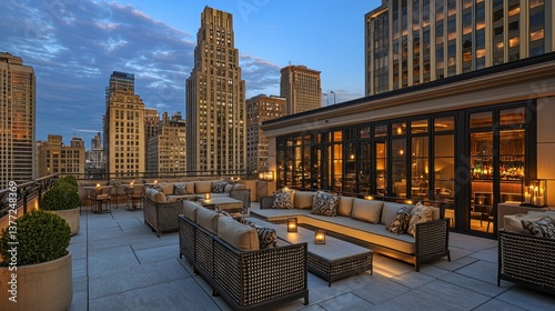 NYC Rooftop Lounge at Dusk with City Views