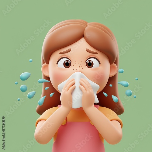 Unhappy Girl Blowing Her Nose, Feeling Sick