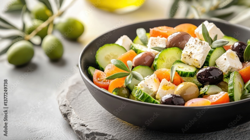 Fresh Vibrant Salad Bowl Featuring Olives Tomatoes Cucumbers and Greens Fresh Vibrant Salad Bowl Featuring Olives Tomatoes Cucumbers and Greens