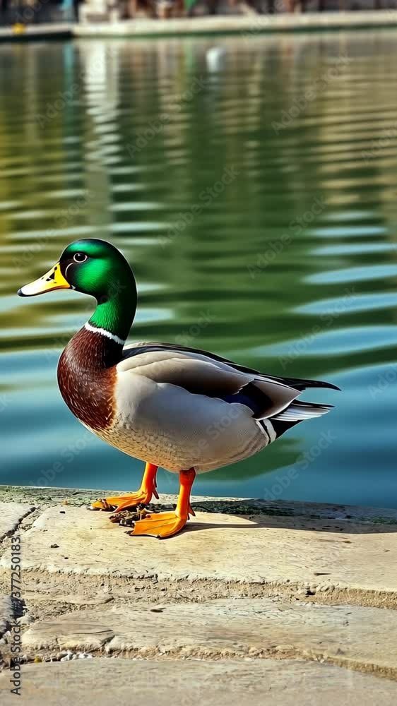 Colorful mallard duck by the water's edge in a serene park during afternoon light Colorful mallard duck by the water's edge in a serene park during afternoon light