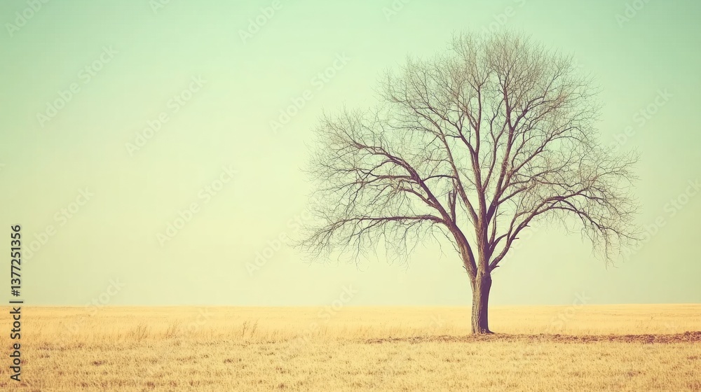 Fototapeta premium Solitary Tree in a Pale Yellow Field under a Pastel Sky