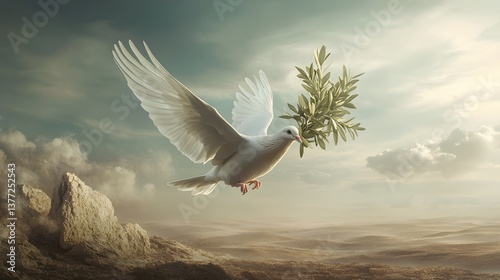 White dove carrying olive branch, desert landscape