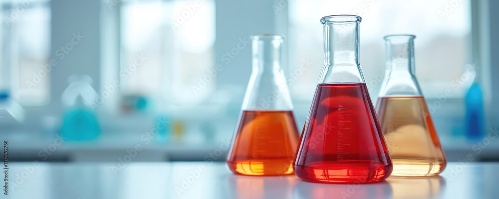 Glass flasks with red, yellow liquids in chemistry lab. Medical research concept, experiment, analysis with blue background. Medicine, biochemistry, pharmacology, pharmacy research. Biotechnology Glass flasks with red, yellow liquids in chemistry lab. Medical research concept, experiment, analysis with blue background. Medicine, biochemistry, pharmacology, pharmacy research. Biotechnology