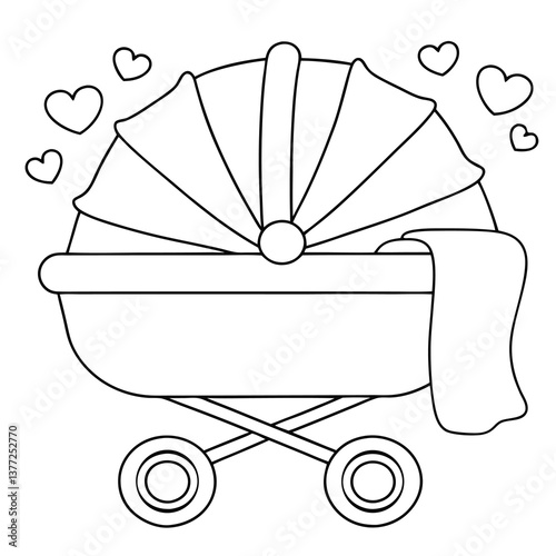 Adorable Baby Stroller with Hearts, Line Art Illustration, Black and White
