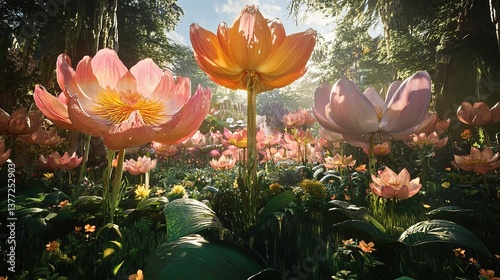 Fototapeta Naklejka Na Ścianę i Meble -  A surreal dreamlike summer garden with giant blooming flowers.v