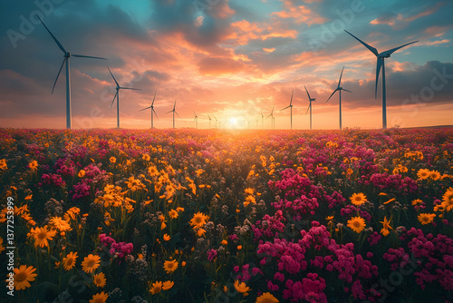 Vibrant sunset over a field of wildflowers, with wind turbines in the background. A beautiful scene of nature and renewable energy