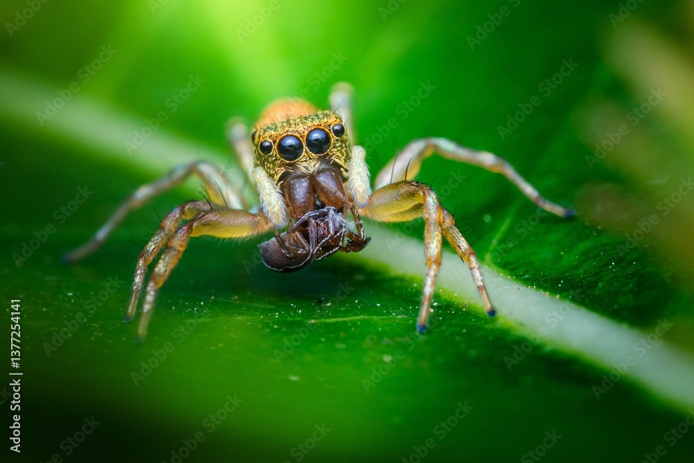 Jumping spider eating an ant on a green leaf Jumping spider eating an ant on a green leaf