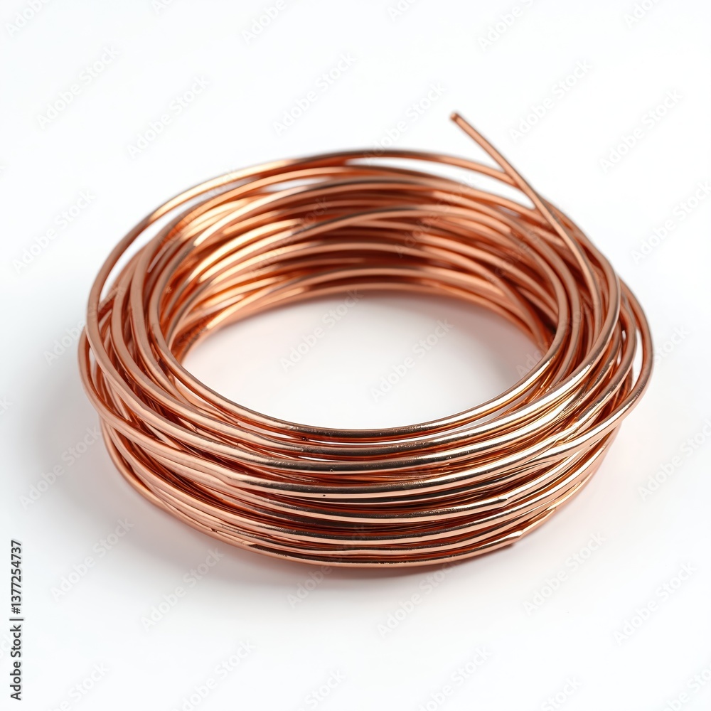Coiled copper wire isolated on white background. Shiny metal electrical cable in roll. Industrial component for construction, engineering, electrical, plumbing. Construction material, electronic tech. Coiled copper wire isolated on white background. Shiny metal electrical cable in roll. Industrial component for construction, engineering, electrical, plumbing. Construction material, electronic tech.