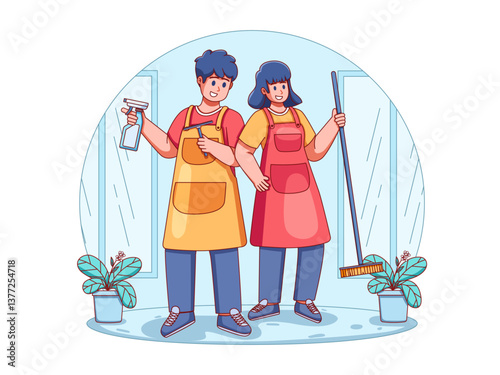 illustration of a professional cleaning team in action. Two people are depicted wearing aprons, equipped with cleaning tools such as spray bottles, squeegees, and brooms in a room. 