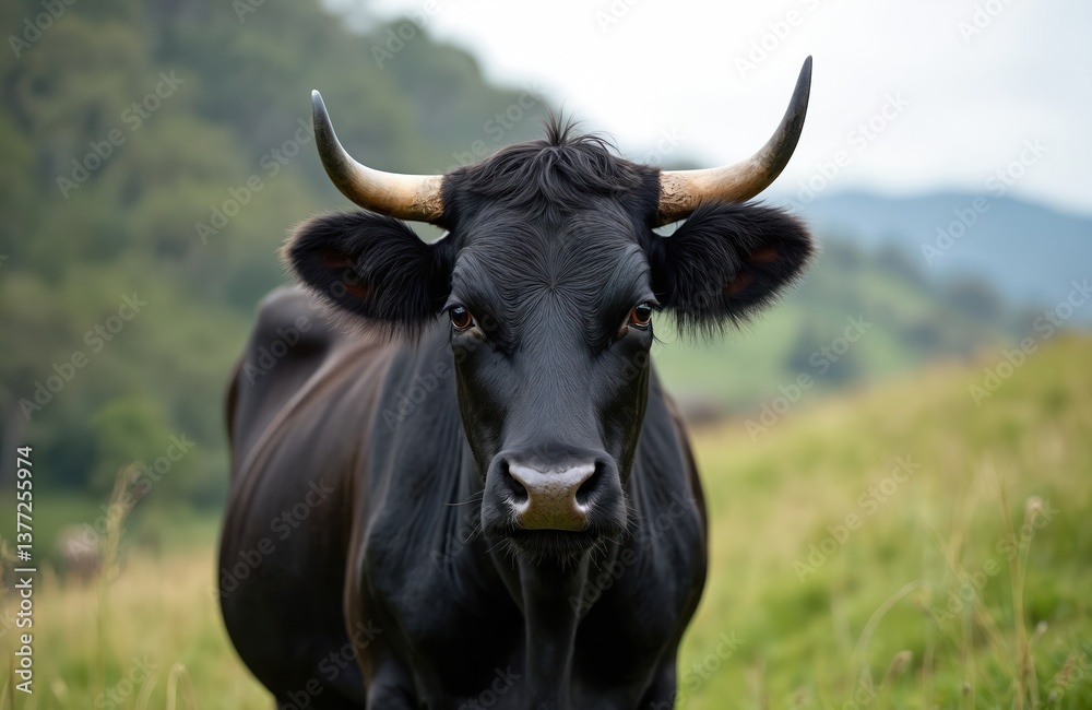 Close-up portrait of black Angus bull with big horns. Bovine grazes on pasture, rural farm landscape. Cattle animal, beef livestock industry. Agriculture theme. Close-up portrait of black Angus bull with big horns. Bovine grazes on pasture, rural farm landscape. Cattle animal, beef livestock industry. Agriculture theme.