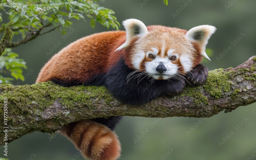 Obraz premium Red panda resting on a moss-covered tree branch. Rich reddish-brown fur, fluffy tail, and serene expression. Green foliage background. Natural lighting