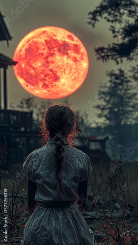Girl Gazes at Large Red Moon at Night