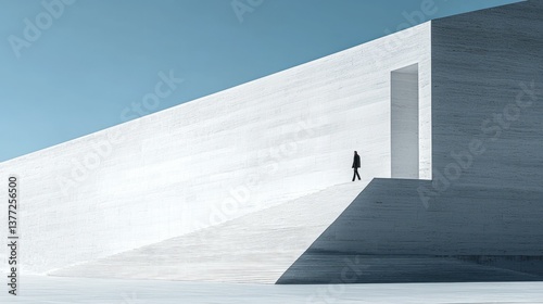 Abstract minimalist person walks towards open doorway in modern white architecture