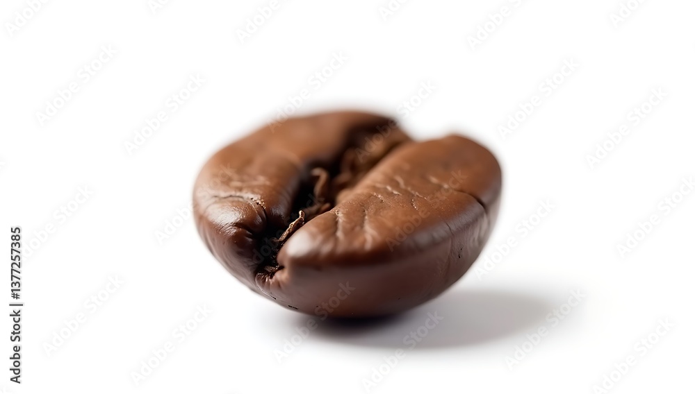 Fototapeta premium Single roasted coffee bean close-up isolated on solid white background. Dark brown rich texture. Full depth of field. 