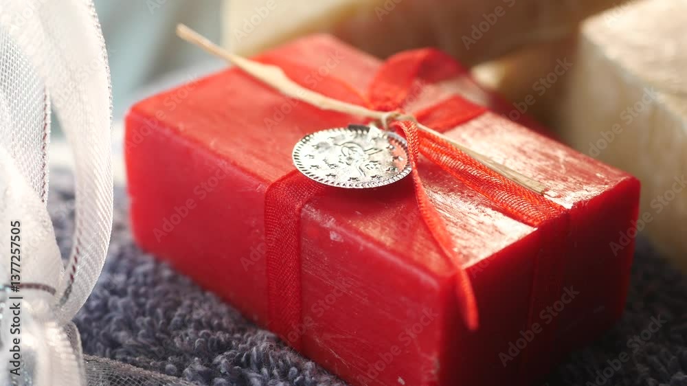 Handcrafted red soap gift wrapped with ribbon on a textured fabric Handcrafted red soap gift wrapped with ribbon on a textured fabric
