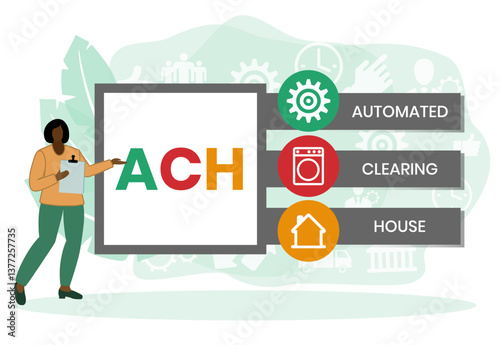 ACH - Automated Clearing House acronym, business concept background. Vector illustration for website banner, marketing materials, business presentation, online advertising.