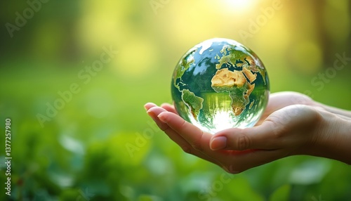 Fototapeta Naklejka Na Ścianę i Meble -  Hand holds crystal earth globe over green nature. Earth Day concept, environment protection, nature conservation, global warming, ecology concept, save planet.