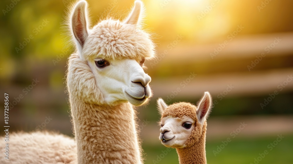 Obraz premium Adorable alpaca and cria in sunlit pasture. Mother's Day, Mothering Sunday, Dia de la Madre - Global Maternal Celebration, Worldwide Family Holiday