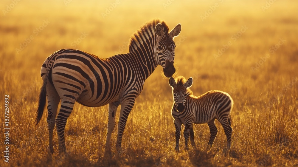 Obraz premium Zebra and foal in sunlit savanna at golden hour. Mother's Day, Mothering Sunday, Dia de la Madre - Global Maternal Celebration, Worldwide Family Holiday