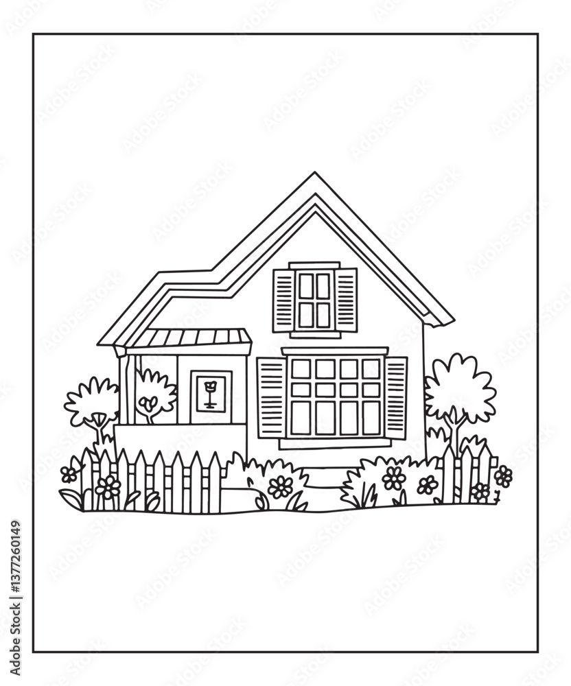 Fototapeta premium House coloring page for kids, black line art vector illustration on white background