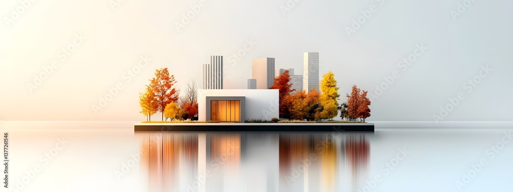 A contemporary architectural building with a minimalist geometric design set against a serene cityscape backdrop with reflections in the water and vibrant autumn foliage A contemporary architectural building with a minimalist geometric design set against a serene cityscape backdrop with reflections in the water and vibrant autumn foliage