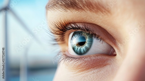 Close-up of a blue-eyed woman gazing at wind turbines on a clear day