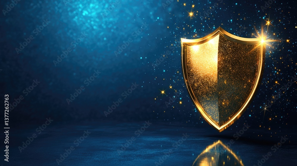 Fototapeta premium Golden shield protection illuminated by sparks. Security, data safety, privacy services backdrop for internet website, finance backdrop design with copy space