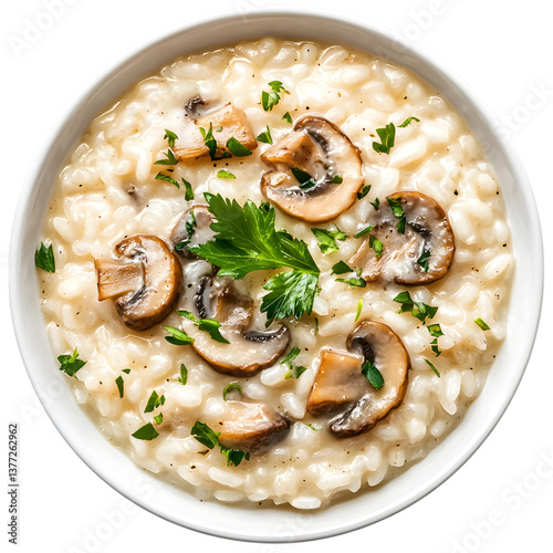 Bowl of creamy mushroom risotto garnished with parsley, isolated on transparent background