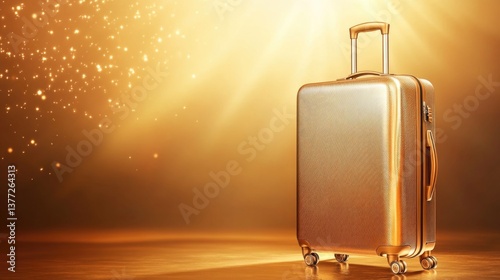 Elegant golden suitcase illuminated by sparkling light on warm background
