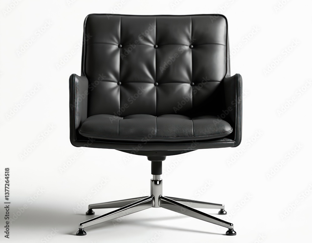 Obraz premium Black leather office chair. Modern design, isolated on white background. Comfortable seat for office, home, leisure, relaxation. Executive armchair for business, work, remote job or workspace.