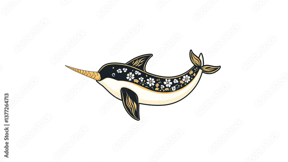 Fototapeta premium Ornate Narwhal with Floral Design - Elegant Aquatic Creature Illustration