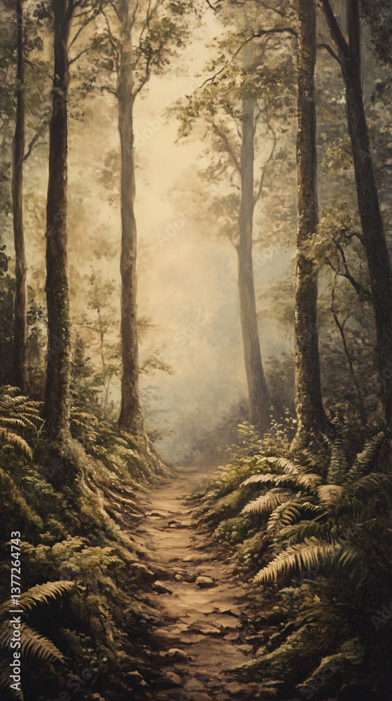 Obraz premium Oil painting forest path clipart mist tree trail green foliage sunlight shadow moss nature woodland depth peaceful landscape outdoor tranquil walk natural earthy scene branch detail fog dirt calm root
