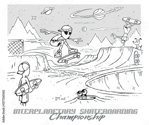 Cartoon style illustration of aliens skateboarding on another planet. Art with simple lines.