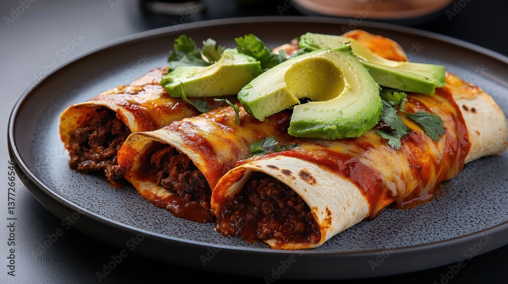 Delicious Plate of Burrito and Avocado Garnished with Fresh Ingredients Delicious Plate of Burrito and Avocado Garnished with Fresh Ingredients