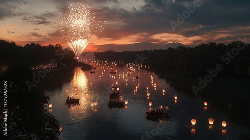 Cuadro en lienzo A breathtaking waterfront festival, with reflections of lantern-lit boats shimmering on the river and fireworks bursting overhead