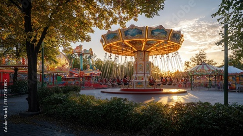 Photos A bright and cheerful scene at Vienna Prater amusement park, blending classic rides with a relaxing morning atmosphere