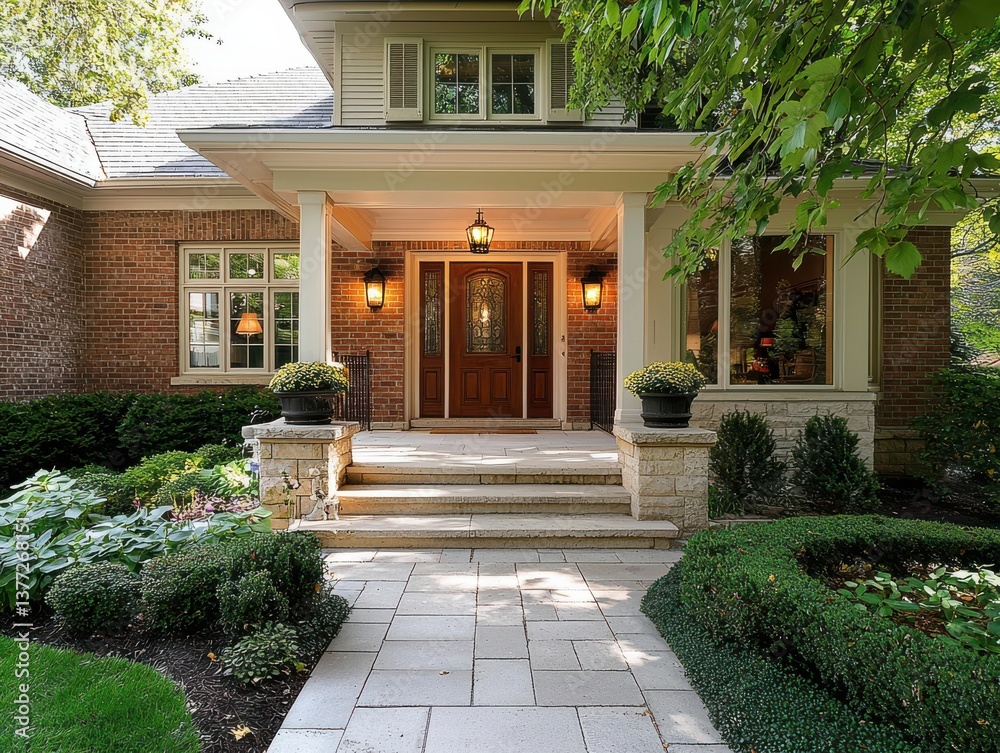 Fototapeta premium Elegant entrance of a modern home with beautiful landscaping and welcoming atmosphere.