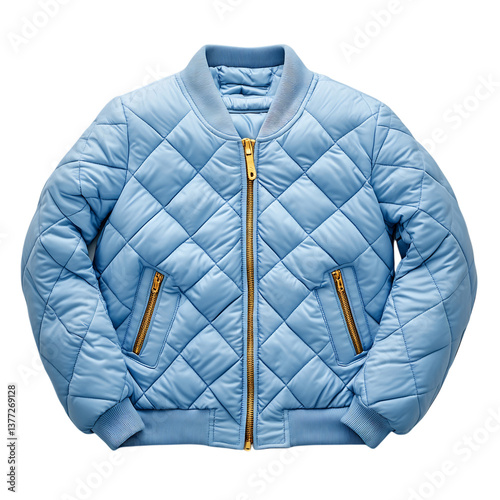 Quilted Puffer Jacket in Light Blue with Gold Zippers Isolated on Transparent Background