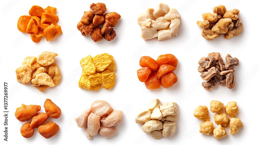 Obraz premium Various piles of prepared food items on a white background view