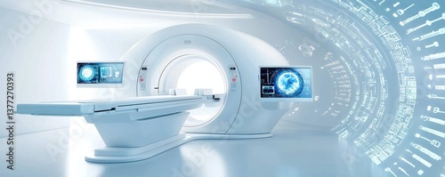 Futuristic medical imaging room with advanced diagnostic equipment and screens.
