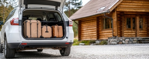 Ready for adventure, the car is packed with luggage near a cozy wooden cabin.