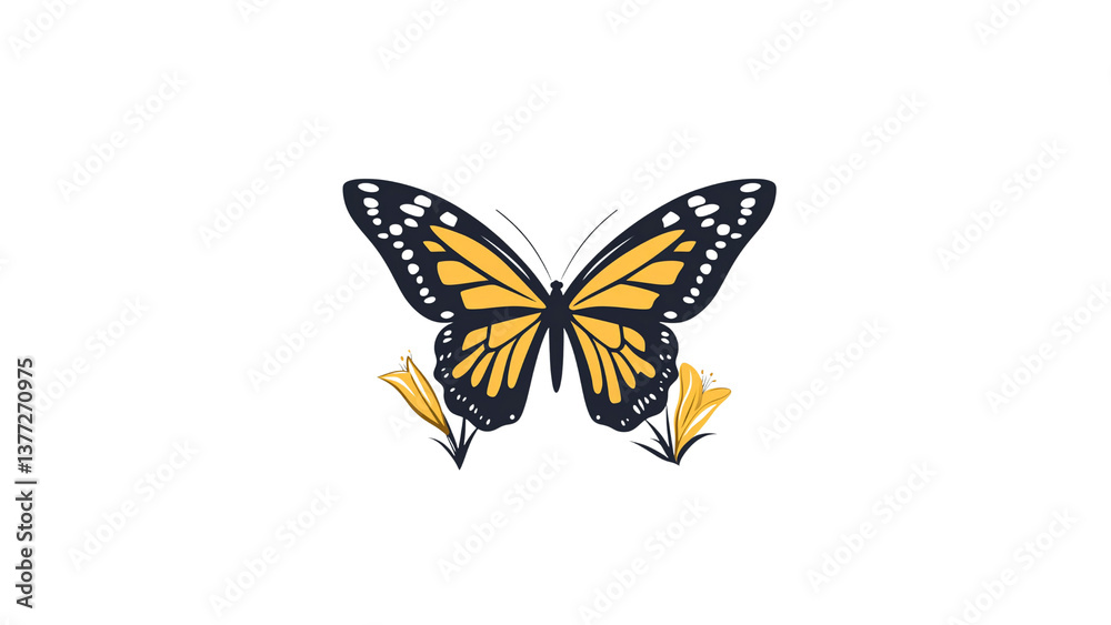 Obraz premium Elegant Yellow and Black Butterfly on Flowers - Nature Illustration