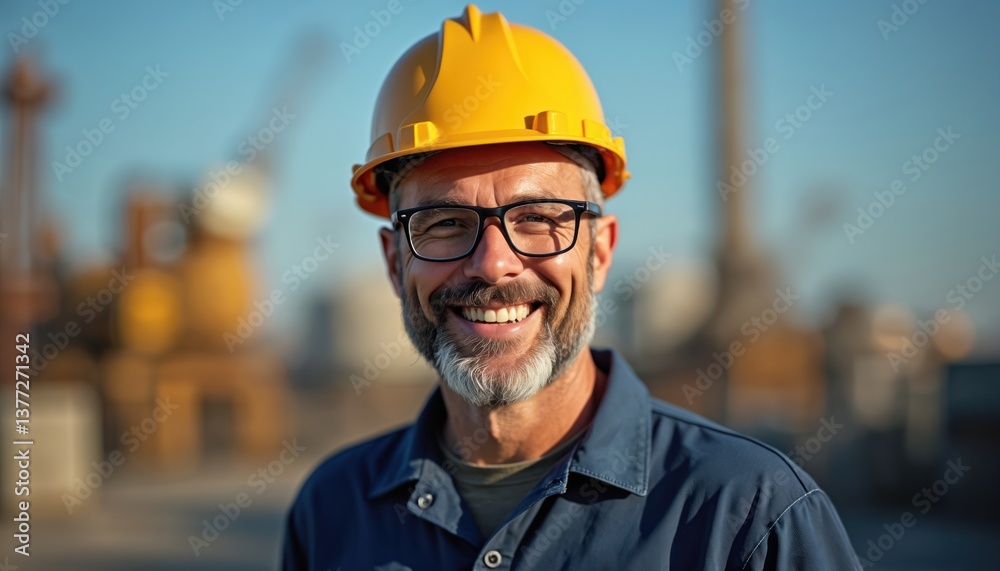 Smiling engineer, worker man with safety helmet, glasses on industrial blurred background. Construction site engineer, happy worker, occupation, safety, pro job, blue collar worker. Smiling engineer, worker man with safety helmet, glasses on industrial blurred background. Construction site engineer, happy worker, occupation, safety, pro job, blue collar worker.