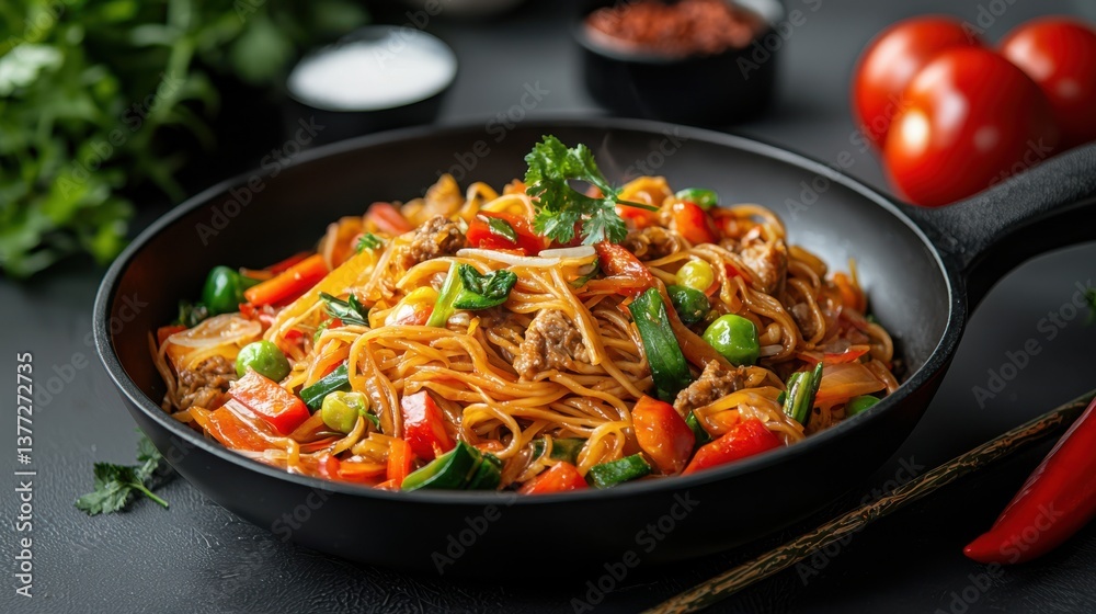 Delicious Bowl of Noodles Topped with Colorful Fresh Vegetables and Peppers