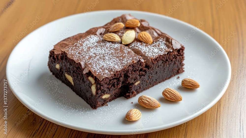 Delicious Brownies Topped with Almonds and Dusting of Powdered Sugar Delicious Brownies Topped with Almonds and Dusting of Powdered Sugar